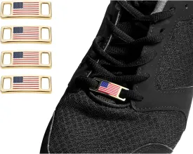 14K Gold Plated American Flag Boot Laces Clips for Worker Shoes, US Patriotic Sneakers Shoe Lace Charms - Real Gold Electroplated, Tarnish-Proof, Veterans Industrial Accessory (4 Pack)