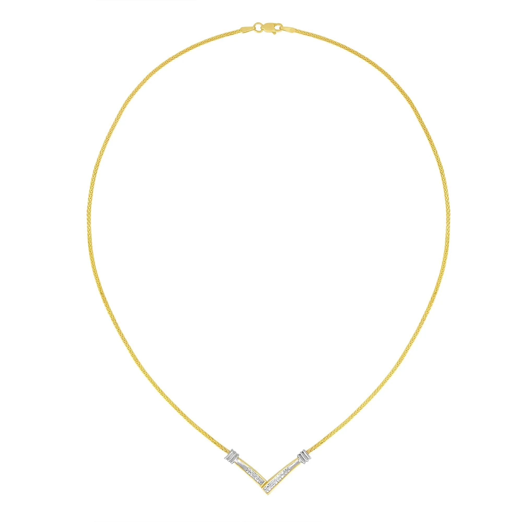 14K Two-Tone Gold Diamond V Pendant Necklace with 1/4 Carat Princess Cuts