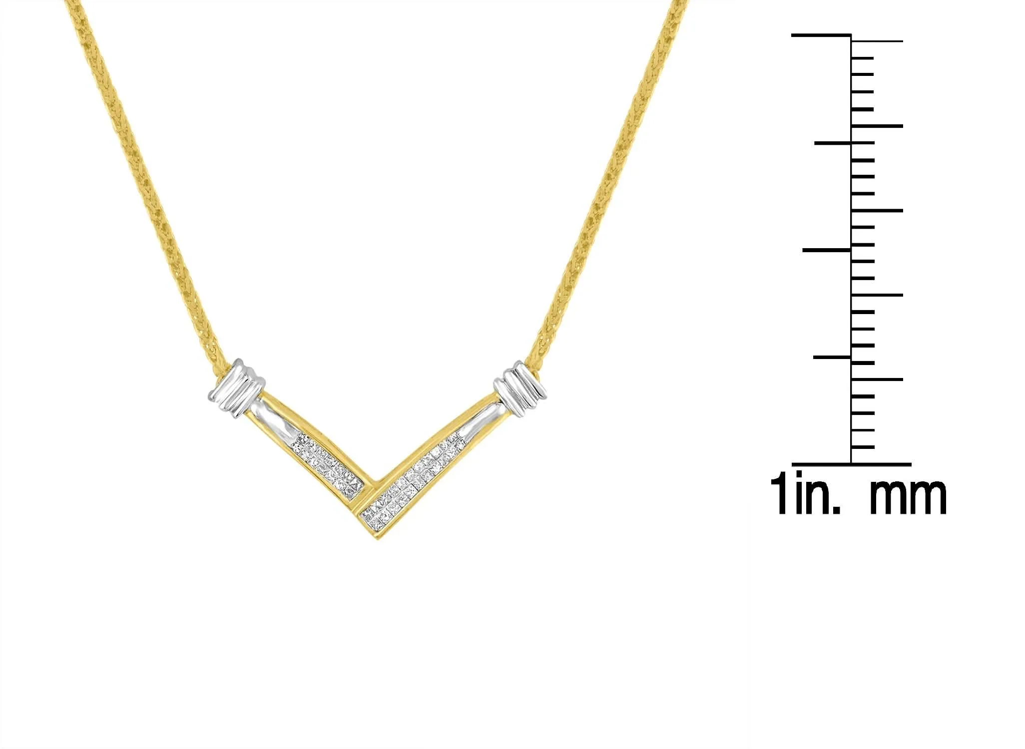 14K Two-Tone Gold Diamond V Pendant Necklace with 1/4 Carat Princess Cuts