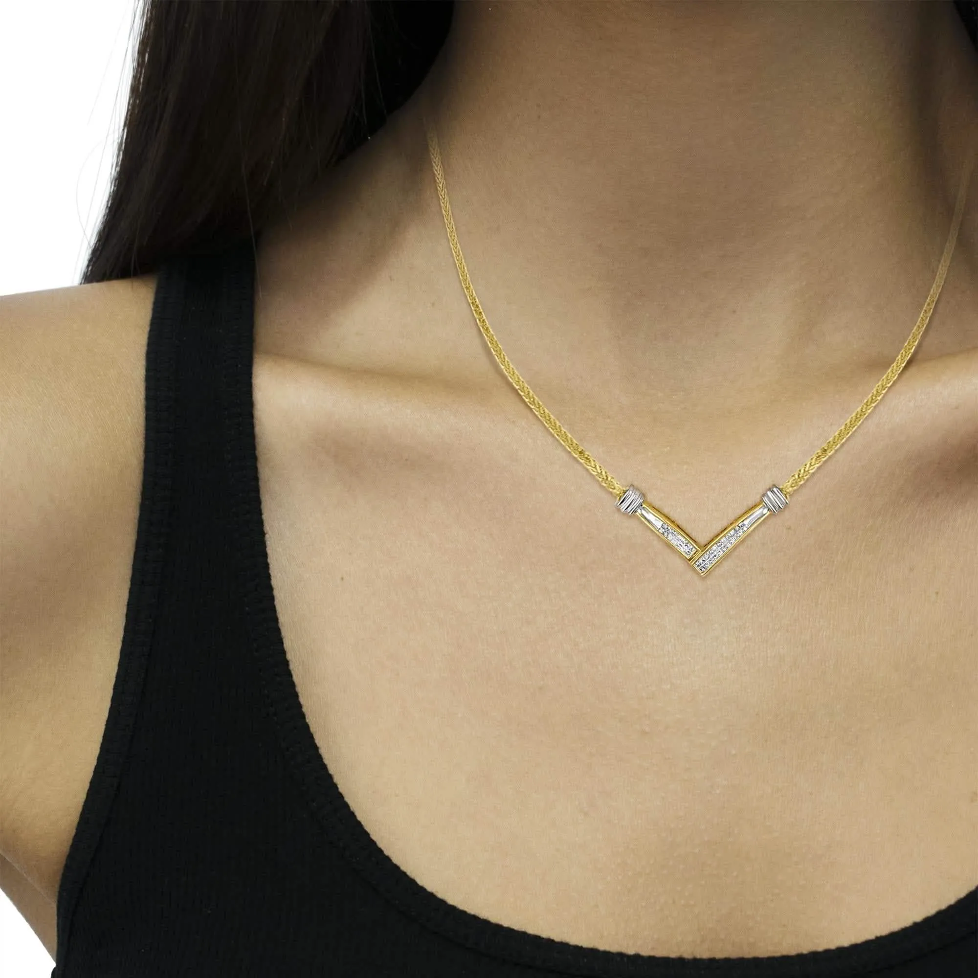 14K Two-Tone Gold Diamond V Pendant Necklace with 1/4 Carat Princess Cuts