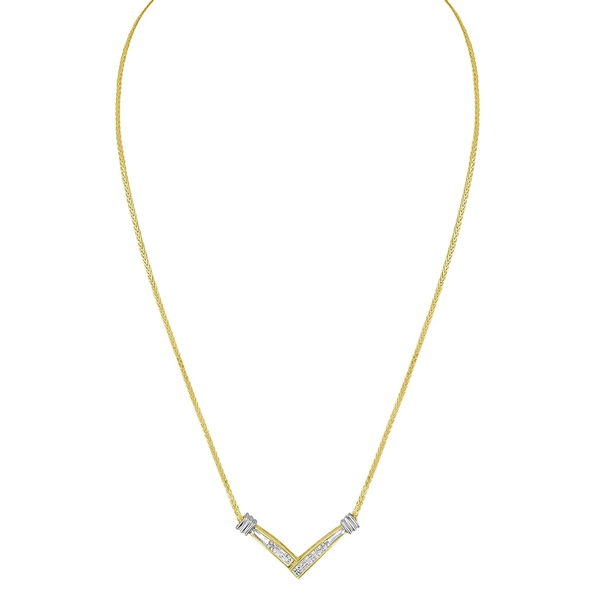 14K Two-Tone Gold Diamond V Pendant Necklace with 1/4 Carat Princess Cuts