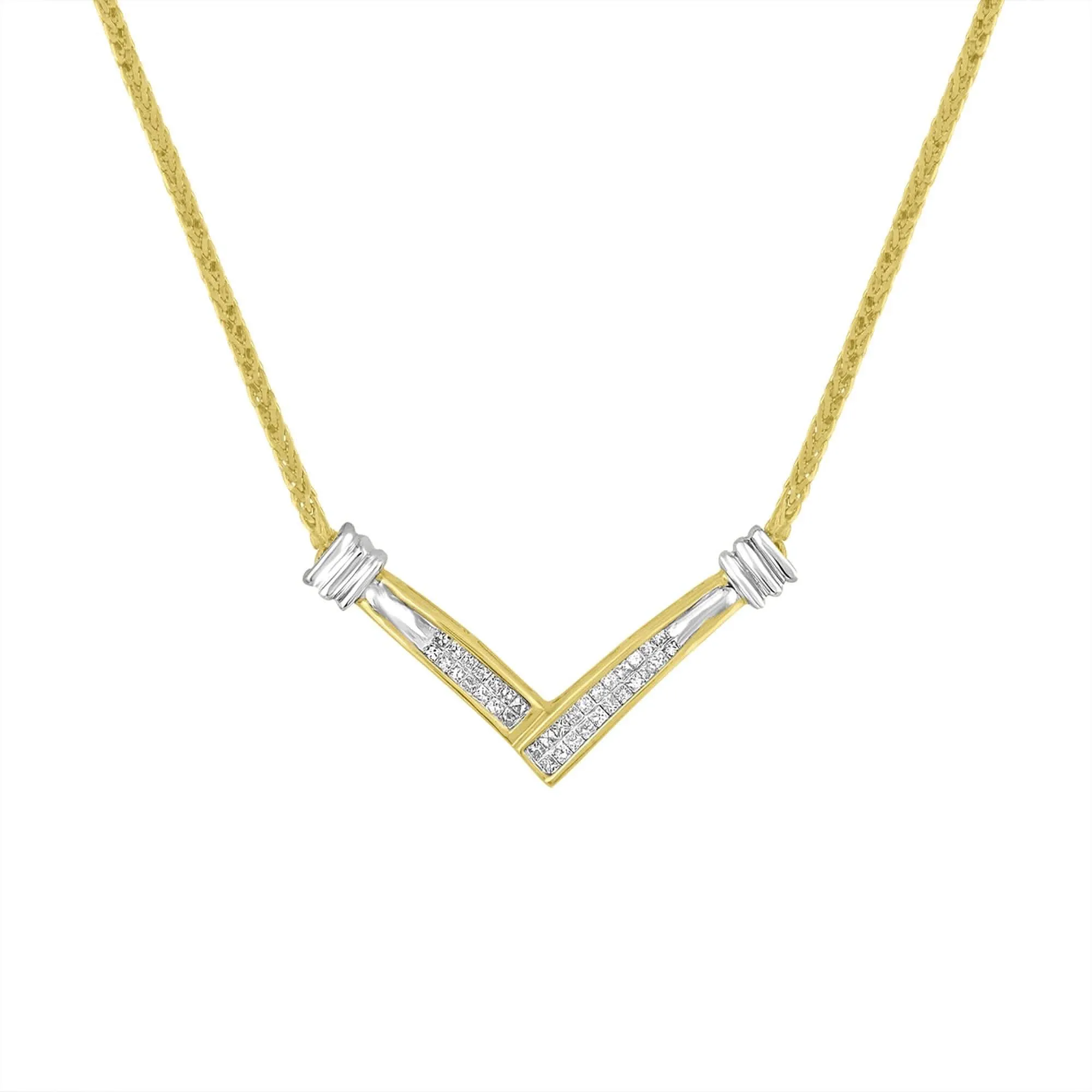 14K Two-Tone Gold Diamond V Pendant Necklace with 1/4 Carat Princess Cuts