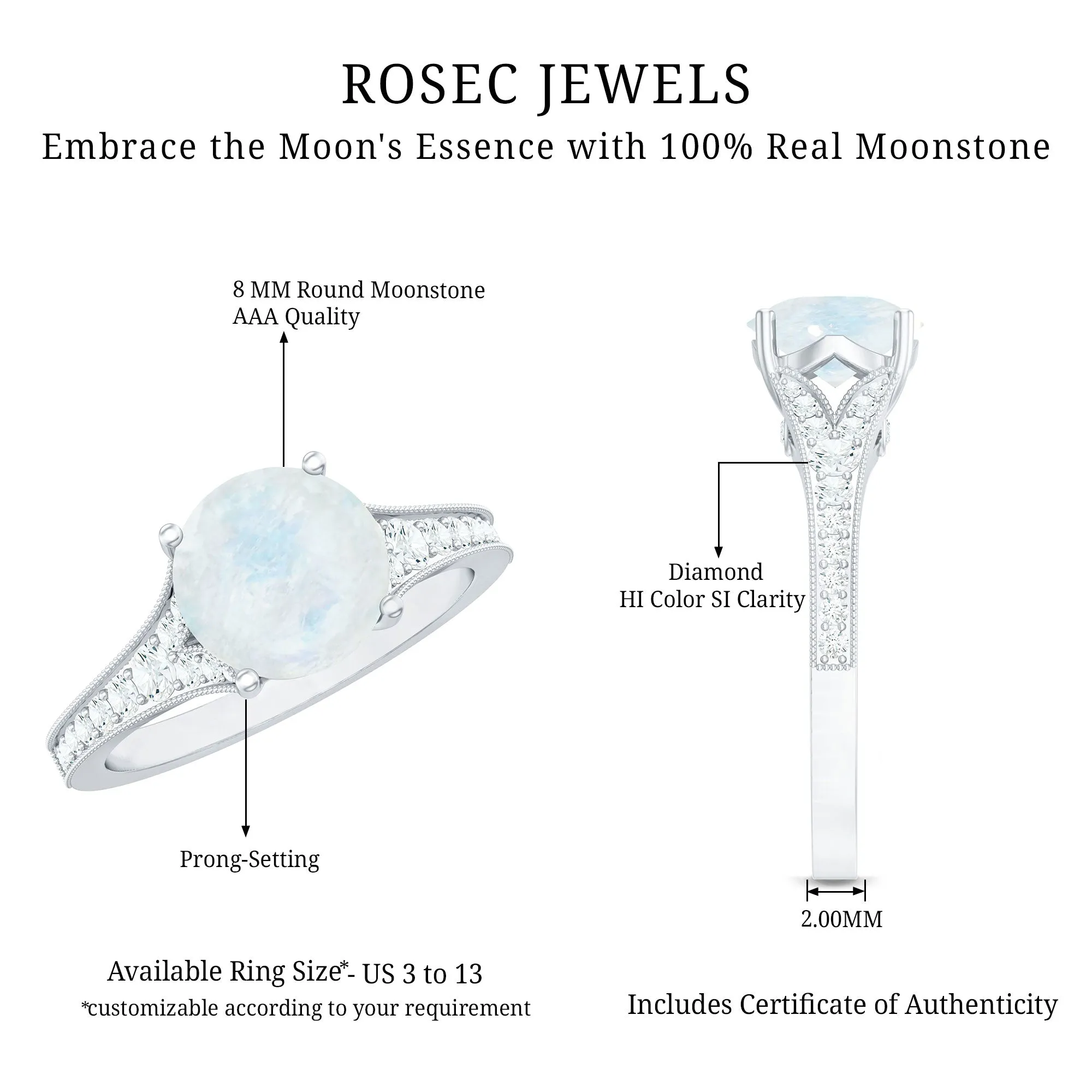 1.5 CT Moonstone Engagement Ring with Diamond Side Stones