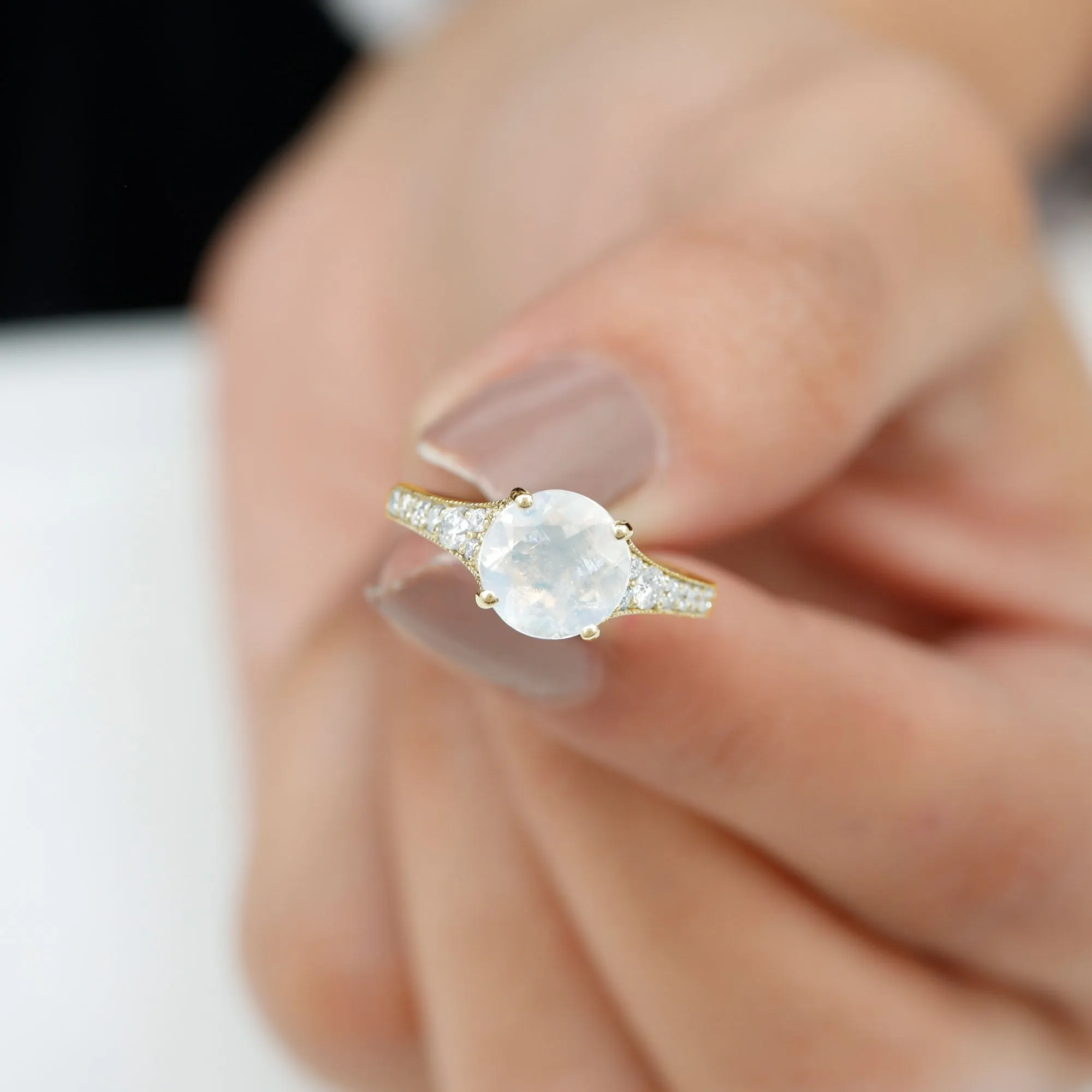 1.5 CT Moonstone Engagement Ring with Diamond Side Stones
