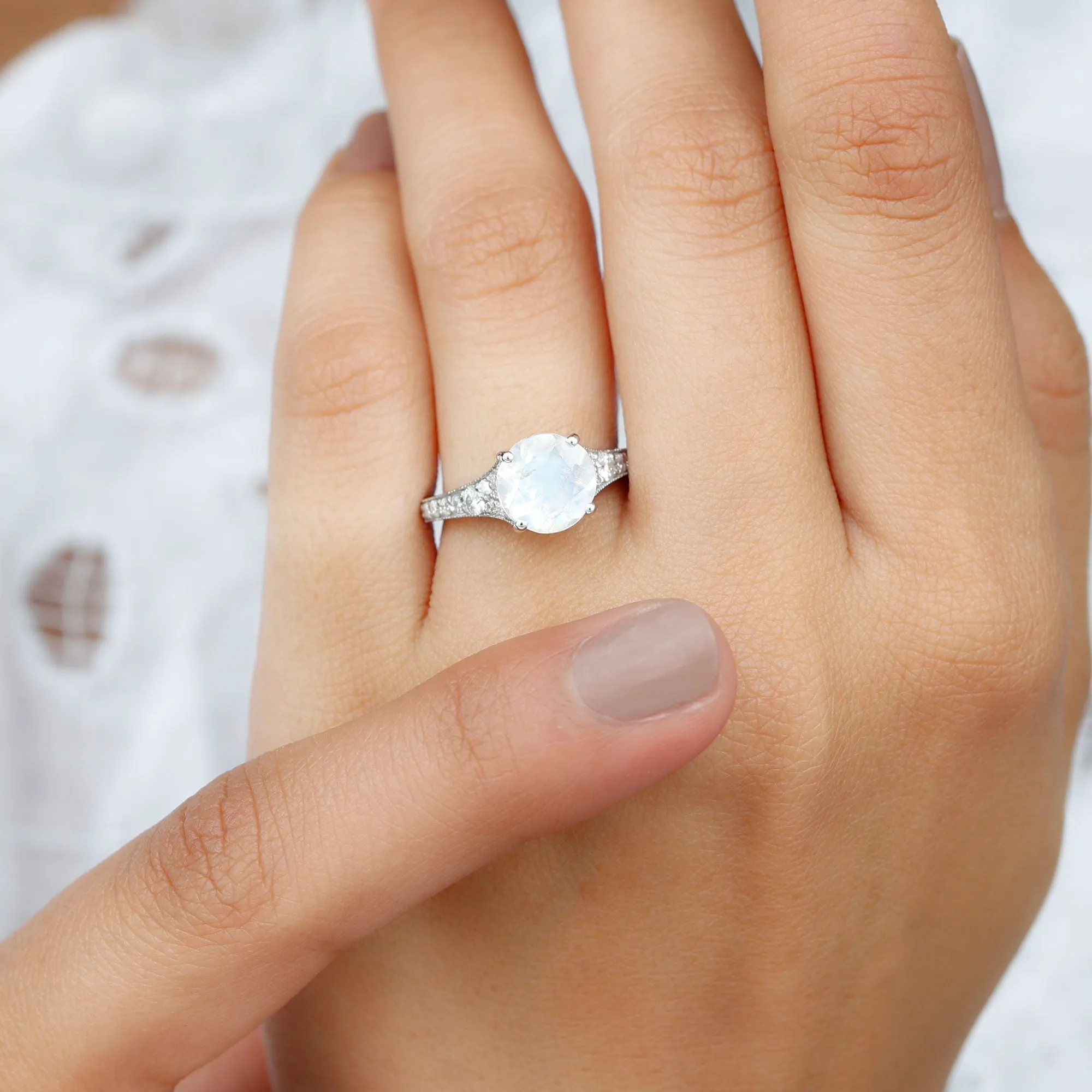 1.5 CT Moonstone Engagement Ring with Diamond Side Stones