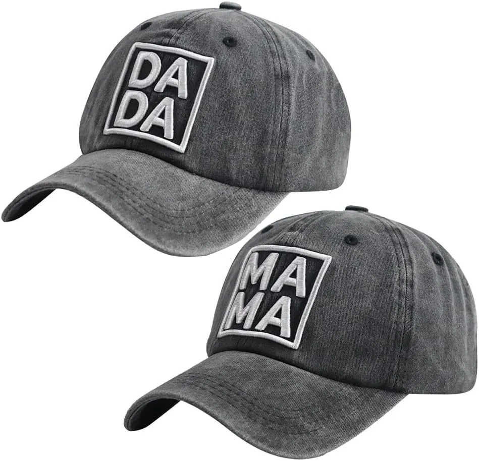 2 Pcs Dada Mama Hats, Embroidered Adjustable Cotton New Parents Couples Baseball Caps for Dad Mom