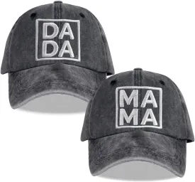 2 Pcs Dada Mama Hats, Embroidered Adjustable Cotton New Parents Couples Baseball Caps for Dad Mom