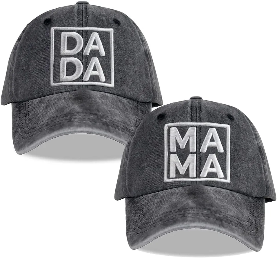 2 Pcs Dada Mama Hats, Embroidered Adjustable Cotton New Parents Couples Baseball Caps for Dad Mom
