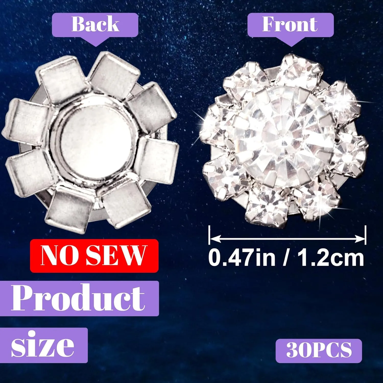 30 PCS 12mm Crystal Rhinestone Buttons Silver Flatback Brooch Embellishments Flower Wedding Bridal Accessory for Crafts DIY Jewelry Making Women Girls DIY Clothes Bags Shoes Bouquet Decoration