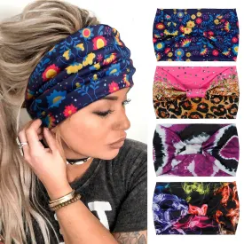 4 Packs Wide Headbands for Women Knotted Non Slip Fashion Flower Printed Colorful Leopard Head Bands for Womens Hair Large African Bandana Boho Hairbands Yoga Running Sports Workout Thick Turban
