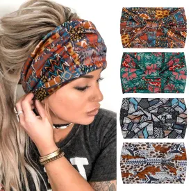 4 Packs Wide Headbands for Women Knotted Non Slip Fashion Patchwork Geometrical Printed Head Bands for Womens Hair Large African Unique Bandana Boho Hairbands Yoga Running Sports Workout Thick Turban