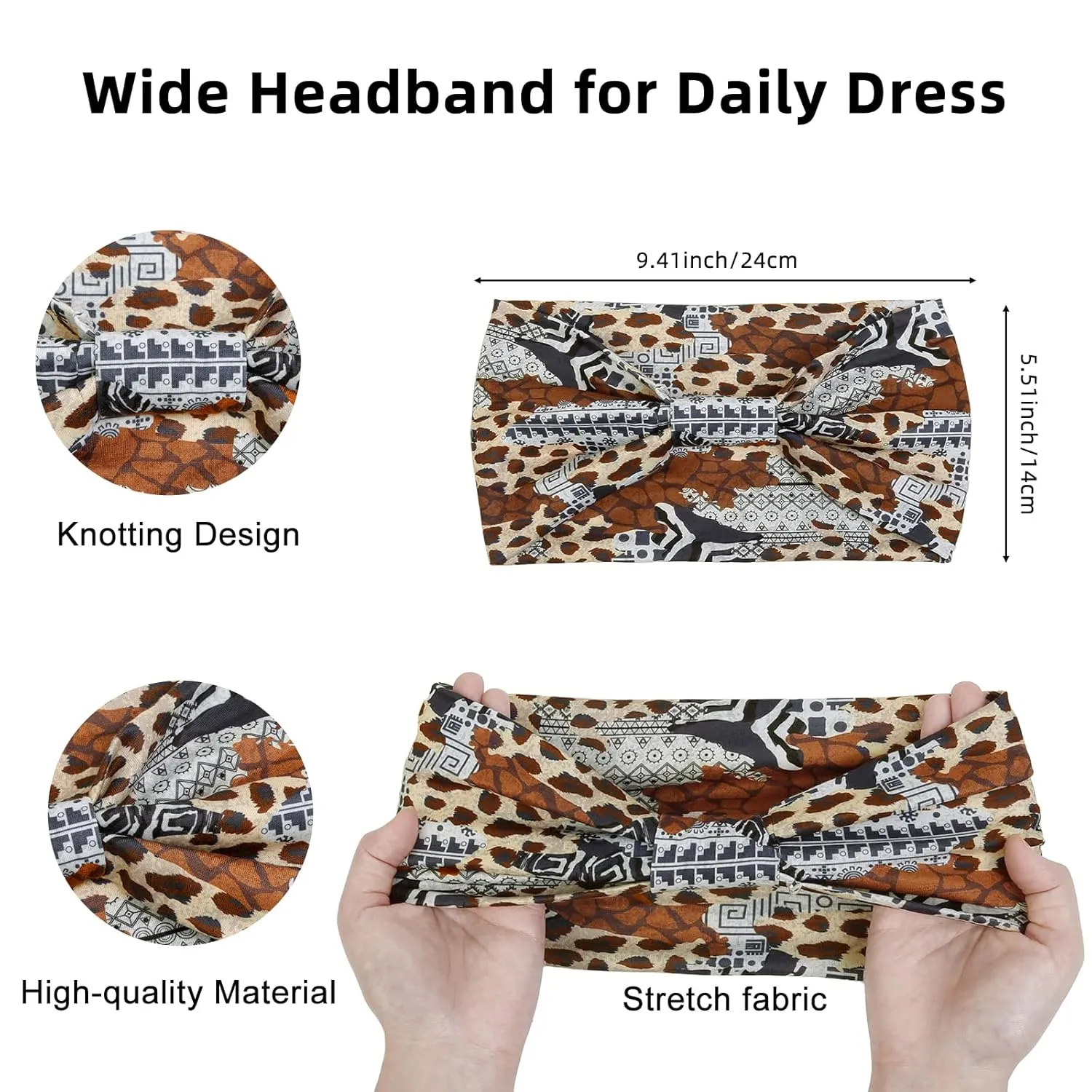 4 Packs Wide Headbands for Women Knotted Non Slip Fashion Patchwork Geometrical Printed Head Bands for Womens Hair Large African Unique Bandana Boho Hairbands Yoga Running Sports Workout Thick Turban