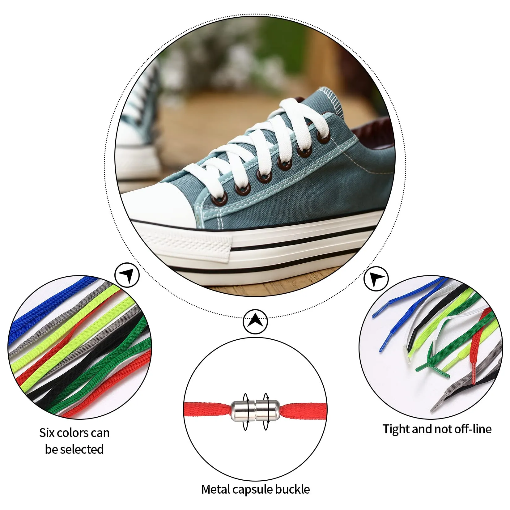 8 Pairs No Tie Elastic Laces with Quick Release, Elastic Shoelaces with Metal Clasps Buckles, Lock Tieless Shoe Laces Replacement for Trainers Adults Kids All Shoes
