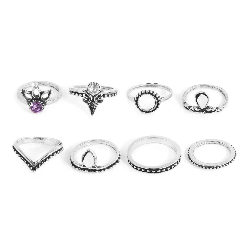 8pcs/Pck Retro Anti Silver Plated Wedding Rings Women Fashion Engagement Jewelry Set For Both Hands