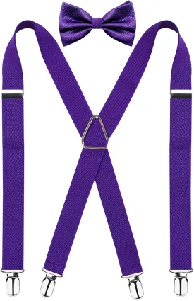 Alizeal Men's 4 Clips X-Back Solid Suspenders Pre Tied Bow Tie Set Elastic Adjustable Braces
