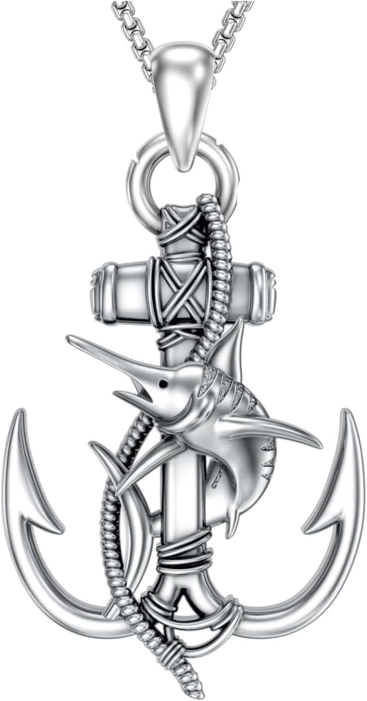Anchor Necklace for Men Women 925 Sterling Silver Earth/Swordfish/Trident/Compass Pendant Nautical Jewelry for Birthday Christmas