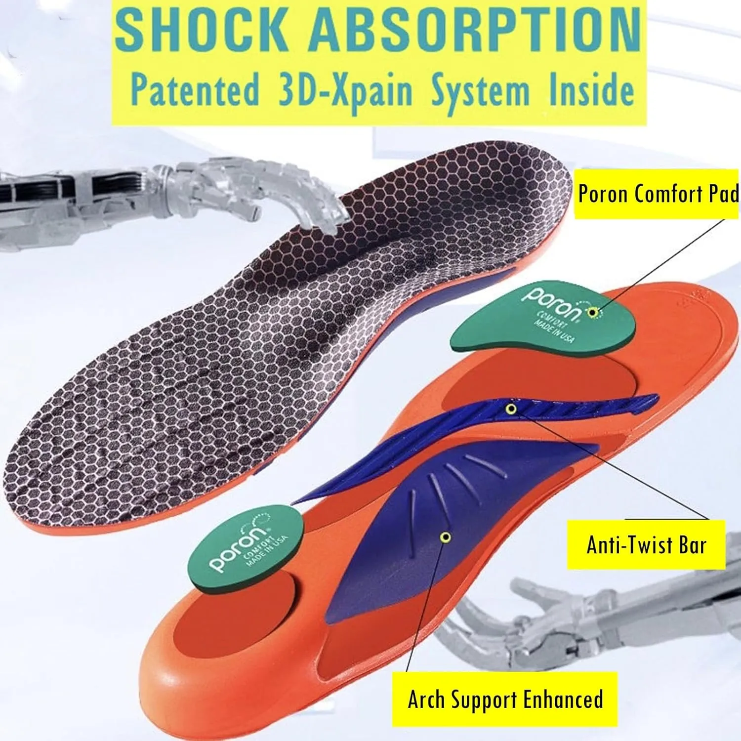 Arch Support Gel Insoles Women Men 7-Times-Shock-Protection 3D-Xpain-Poron Plantar Fasciitis Orthotic Insoles Flat feet Insole Orthopedic Insoles Metatarsalgia Heel Pain Comfort Shoe Inserts