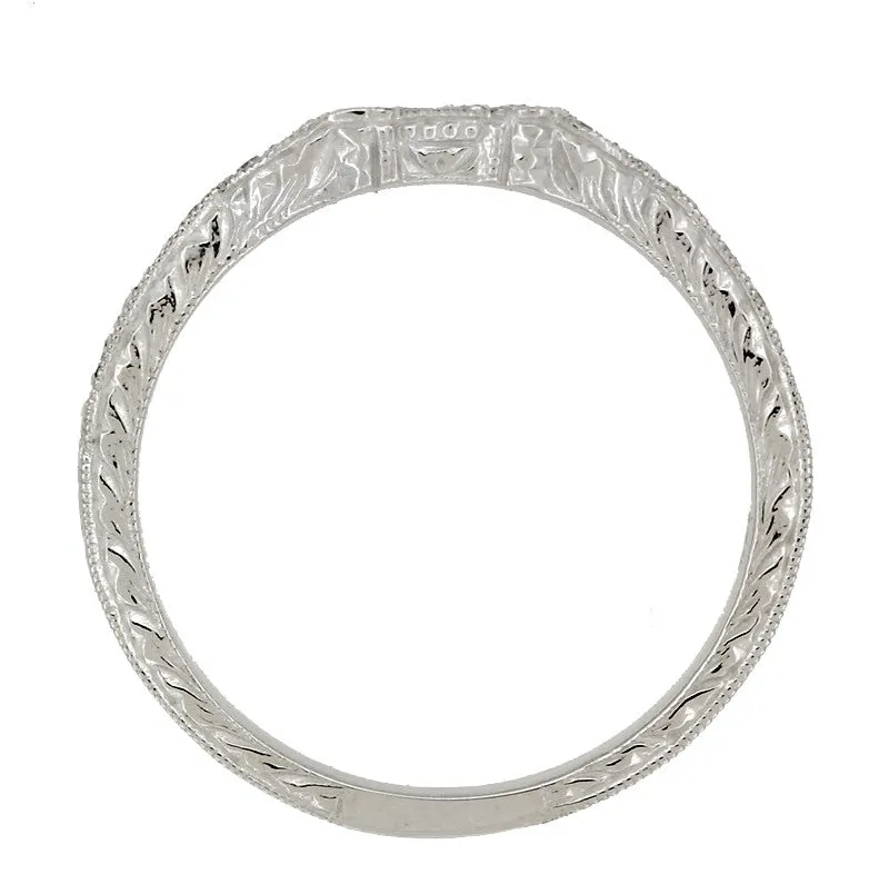 Art Deco Loving Hearts Contoured Vintage Engraved Wheat Diamond Wedding Ring in Platinum