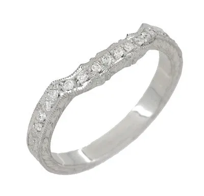 Art Deco Loving Hearts Contoured Vintage Engraved Wheat Diamond Wedding Ring in Platinum