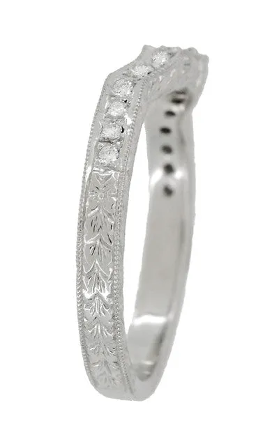 Art Deco Loving Hearts Contoured Vintage Engraved Wheat Diamond Wedding Ring in Platinum