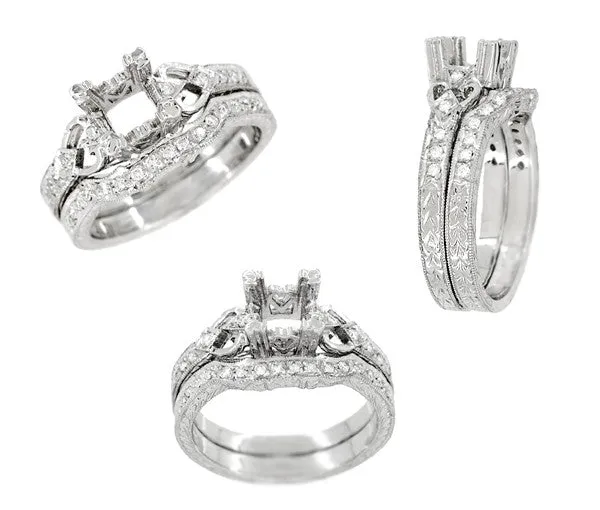 Art Deco Loving Hearts Contoured Vintage Engraved Wheat Diamond Wedding Ring in Platinum