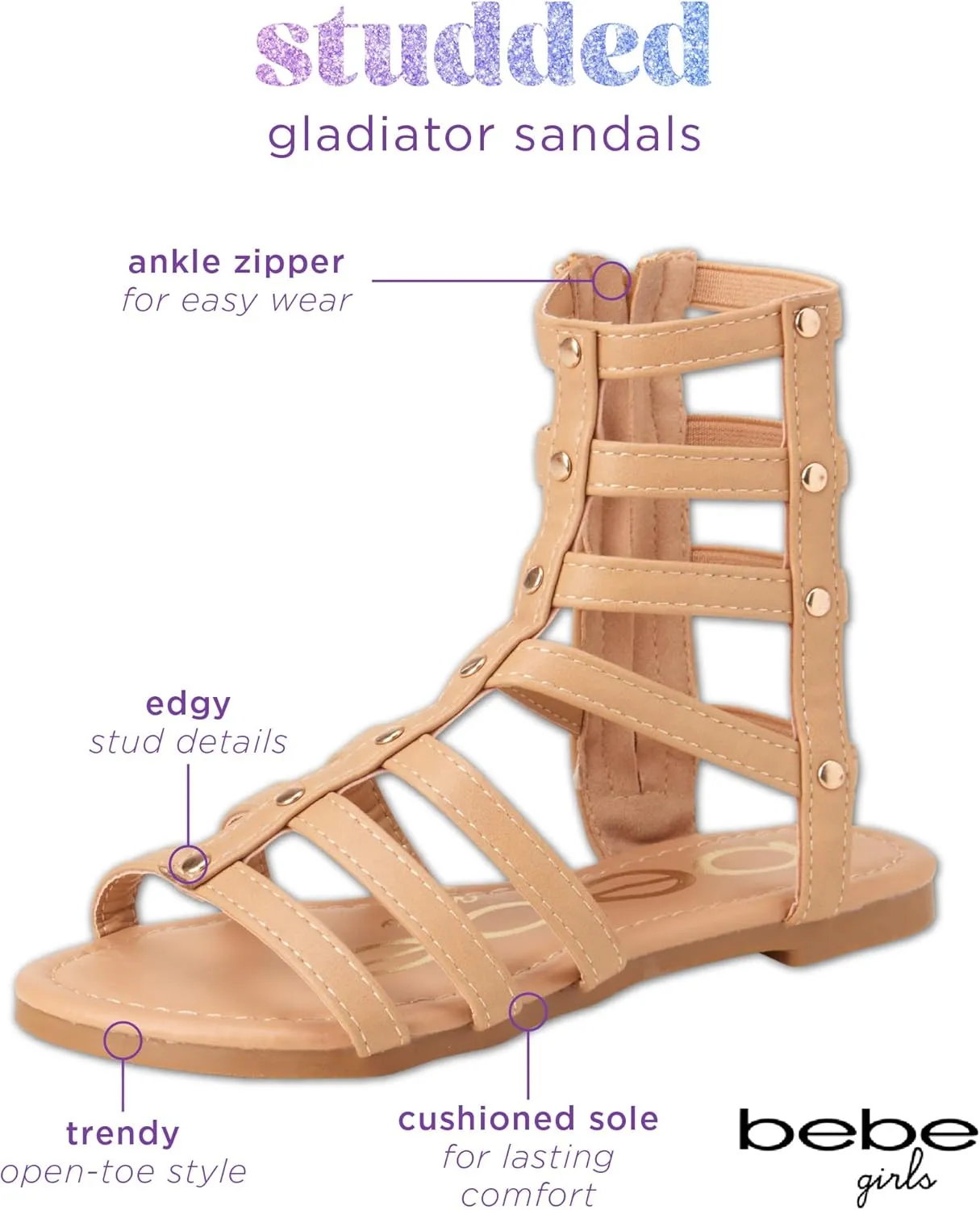 bebe Toddler Girls Sandals - Lightweight Leather Open Toe Summer Dressy Flat Strappy Girls Gladiator Sandals