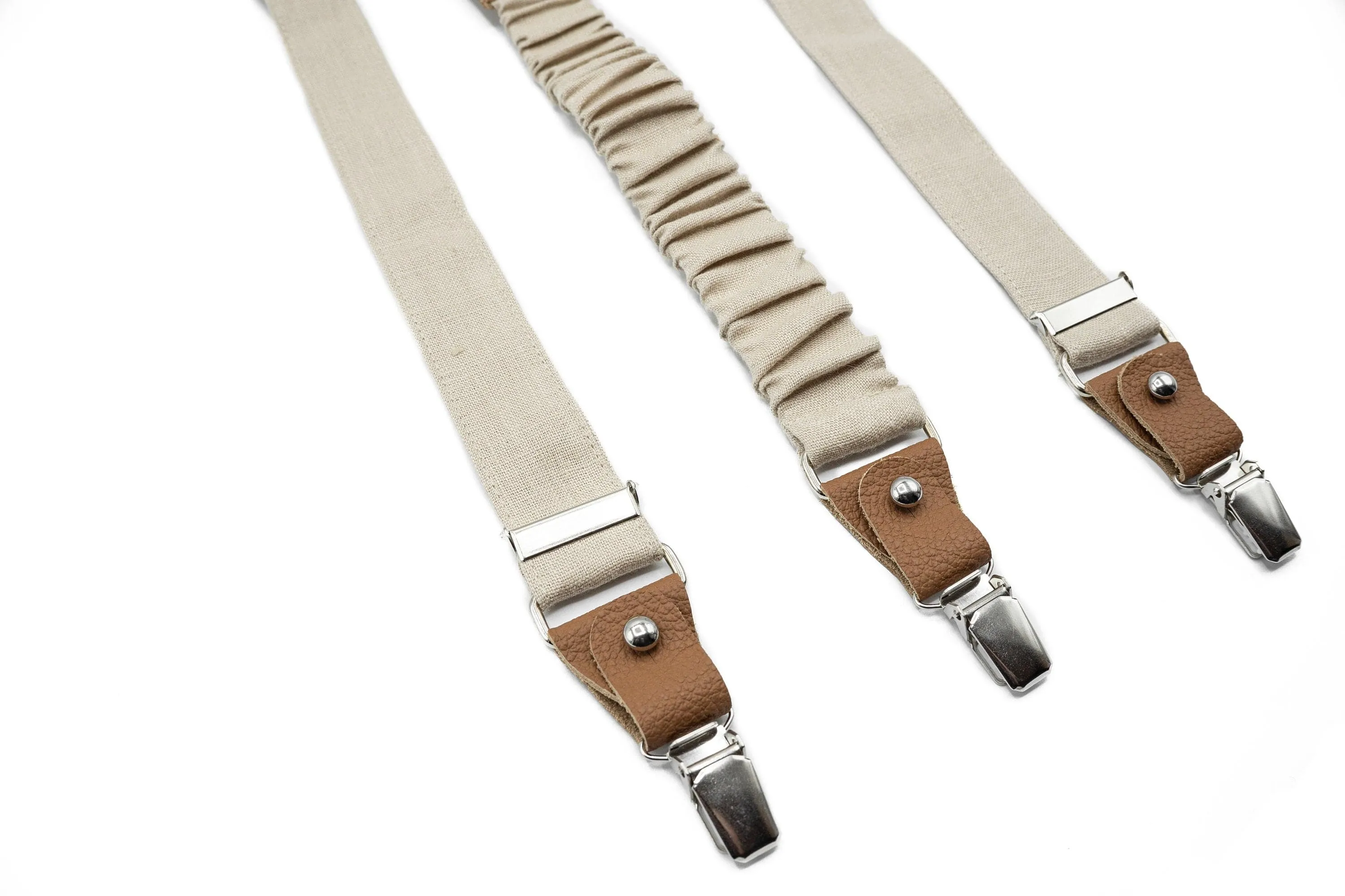 Beige Groomsmen Bow Tie & Optional Pocket Square/Suspender Set - Linen Wedding Accessories - Handcrafted Formal Wear