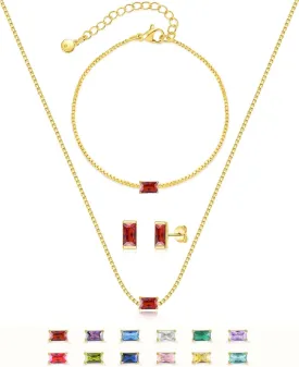 Birthstone Bracelet Necklace Earring Set for Women 18K Gold Plated Stainless Steel Birth Link Bracelet Pendant Studs Birthday Jewelry Gift for Mother and Daughter