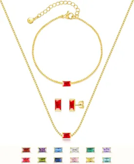 Birthstone Bracelet Necklace Earring Set for Women 18K Gold Plated Stainless Steel Birth Link Bracelet Pendant Studs Birthday Jewelry Gift for Mother and Daughter