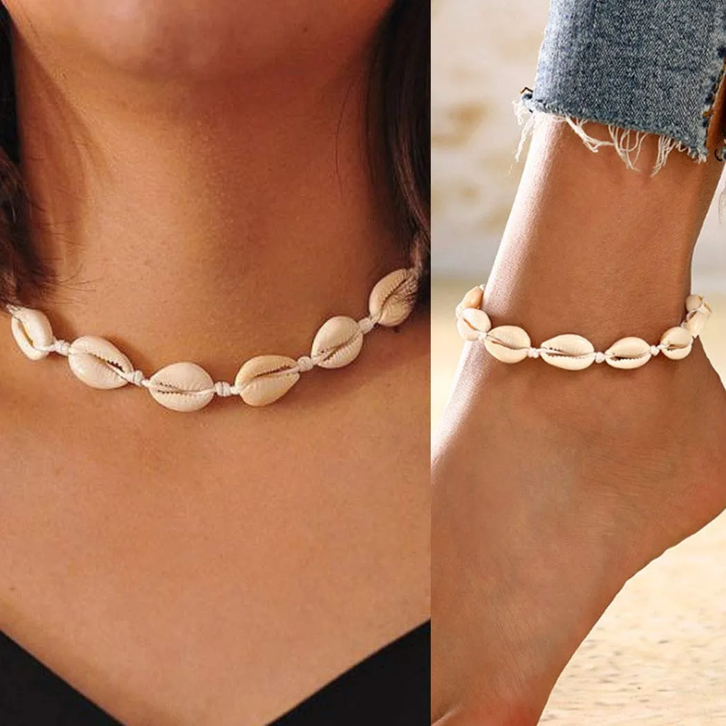 Boho Cowrie Shell Choker Necklace Beach Puka Seashell Necklaces Adjustable Rope Jewelry with Anklets for Women (A Ivory)