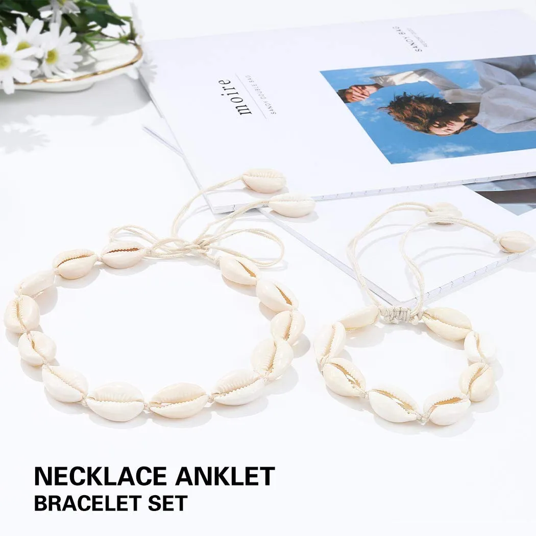Boho Cowrie Shell Choker Necklace Beach Puka Seashell Necklaces Adjustable Rope Jewelry with Anklets for Women (A Ivory)