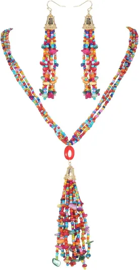 Boho Strand Seed Bead Necklace Earrings Stone Tassel Jewelry Set for Women