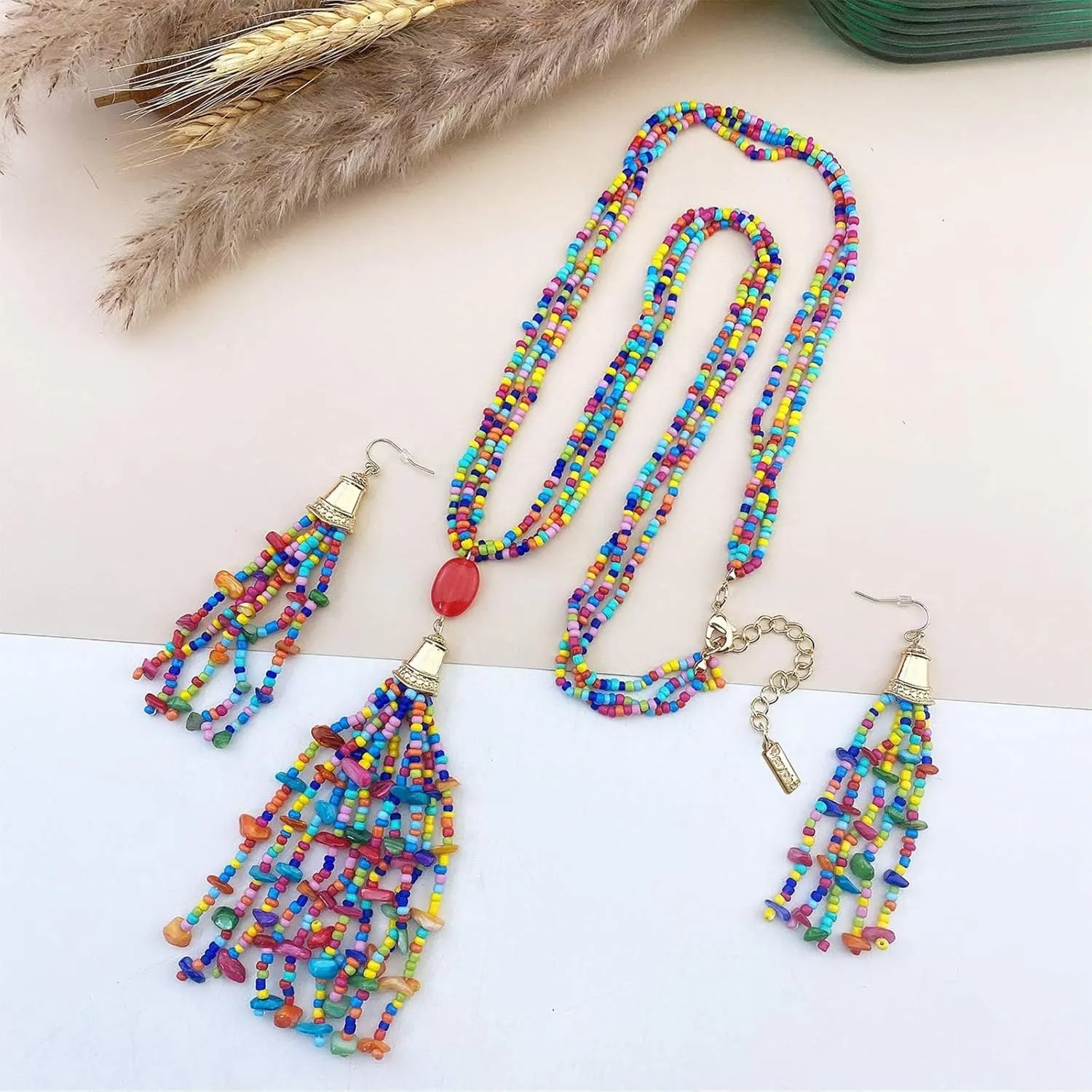 Boho Strand Seed Bead Necklace Earrings Stone Tassel Jewelry Set for Women