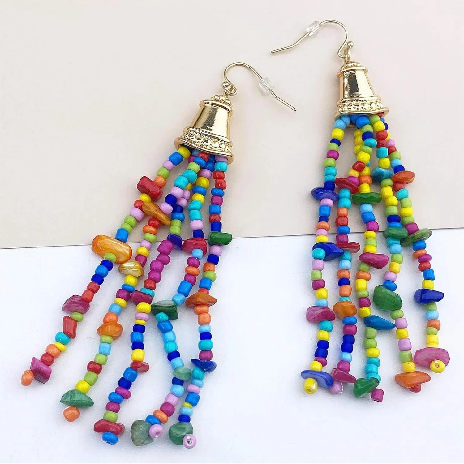 Boho Strand Seed Bead Necklace Earrings Stone Tassel Jewelry Set for Women
