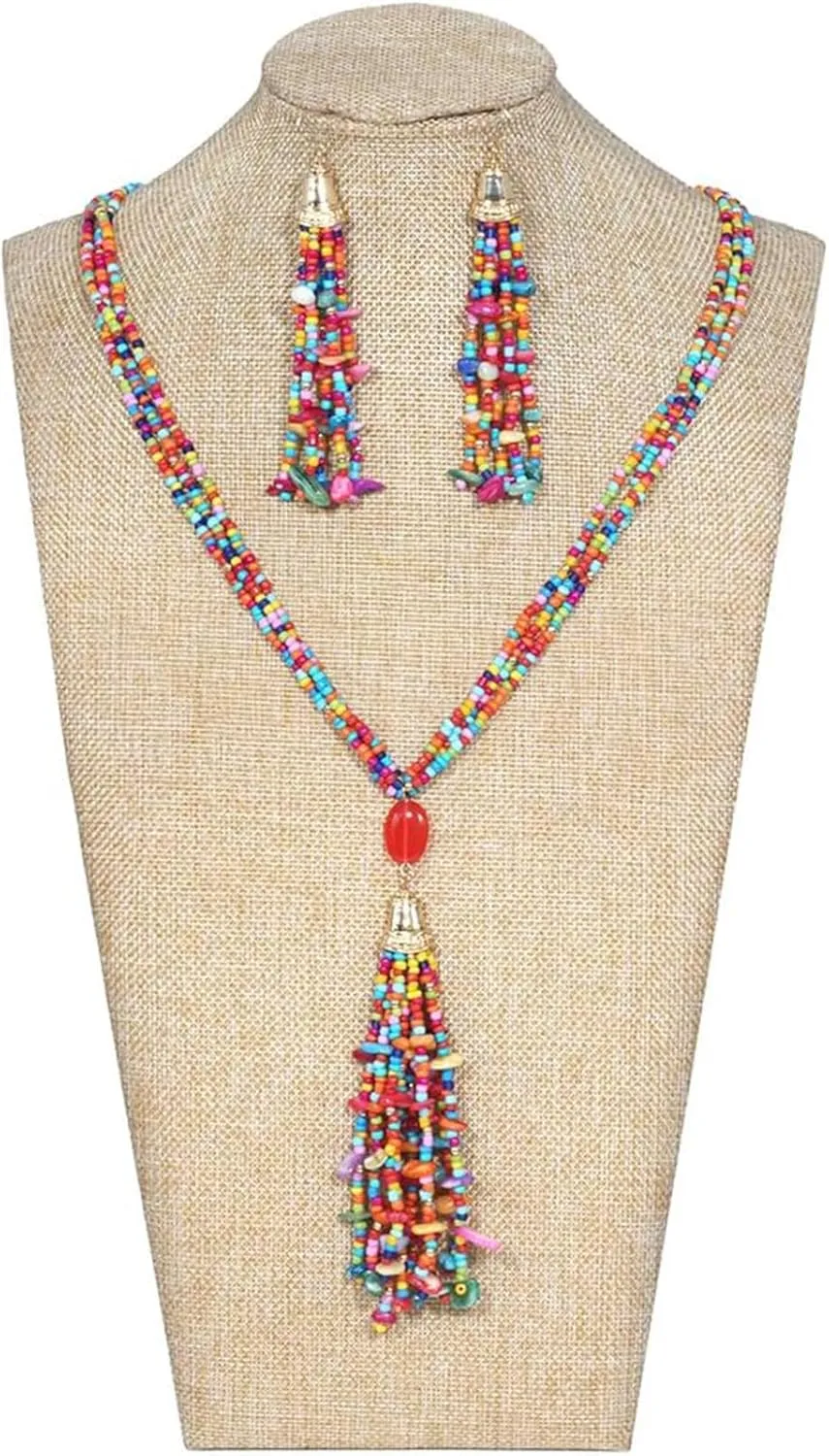Boho Strand Seed Bead Necklace Earrings Stone Tassel Jewelry Set for Women