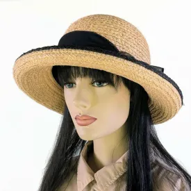 Braided Raffia Sun Hat with black raffia edge, black scarf and coconut buckle, adjustable fit