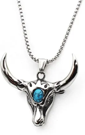 Bull Head Pendant, Turquoise Necklace for Men, Norse Viking Jewelry, Hip Hop Charm Stainless Steel Punk Animal Pendant