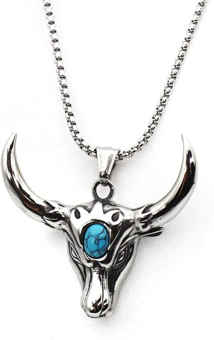 Bull Head Pendant, Turquoise Necklace for Men, Norse Viking Jewelry, Hip Hop Charm Stainless Steel Punk Animal Pendant