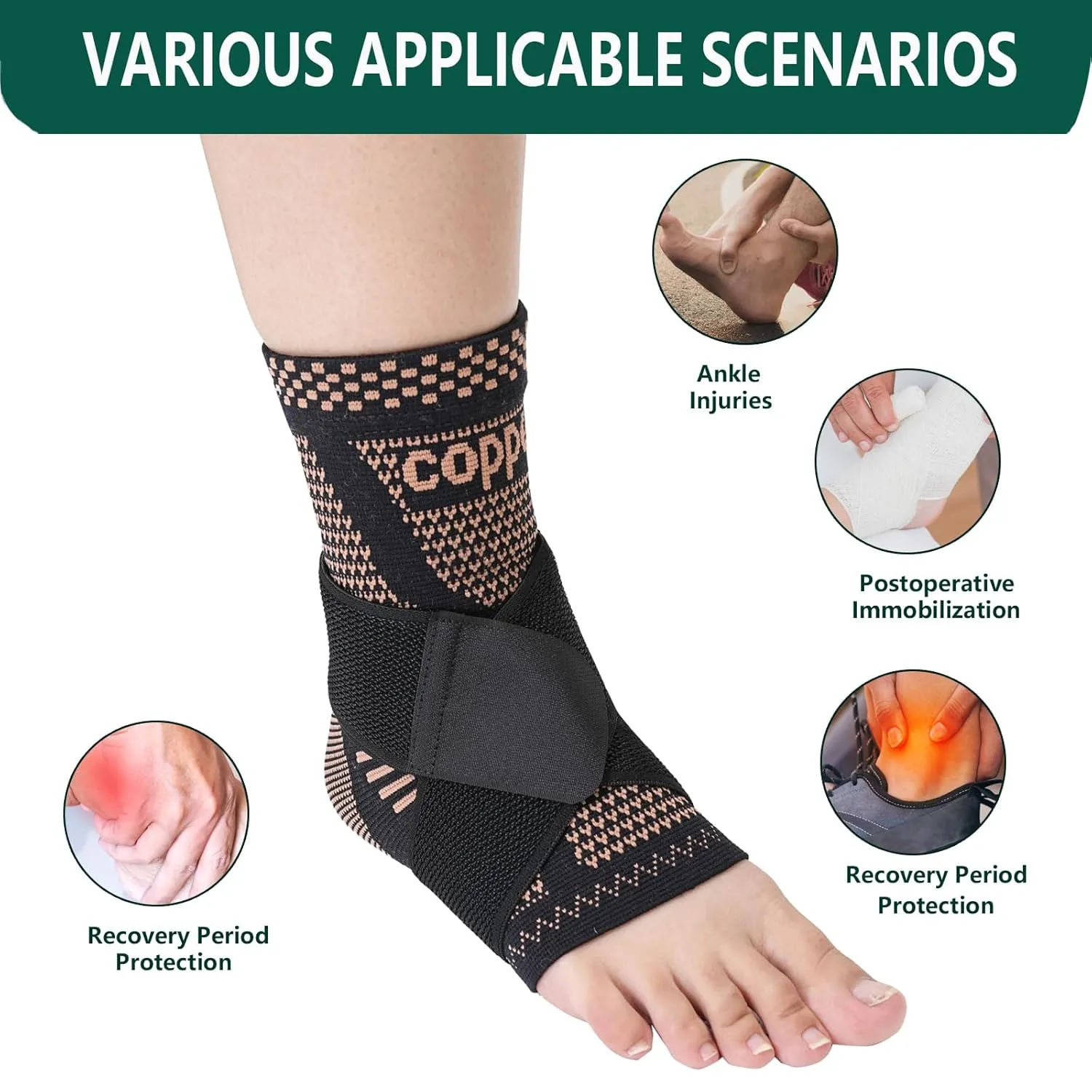Copper Ankle Brace Adjustable Compression Sleeve 1PCS,Ankle Support Compression Sleeve for Women & Men,for Plantar Fasciitis, Sprained Ankle, Achilles Tendon, Pain Relief, Recovery, Sports