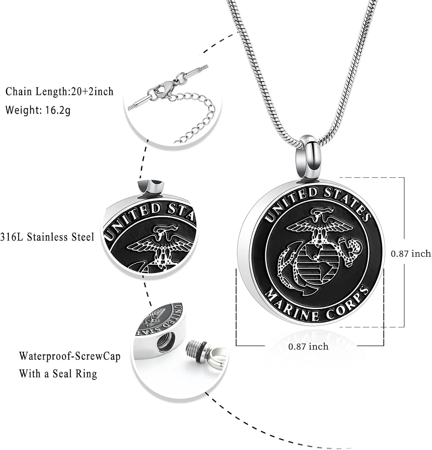Cremation Jewelry For Men Stainless Steel UNITED STATES MARINE CORPS Memorial Urn Pendant Necklace Pendant Hold Ashes Of Loved Ones