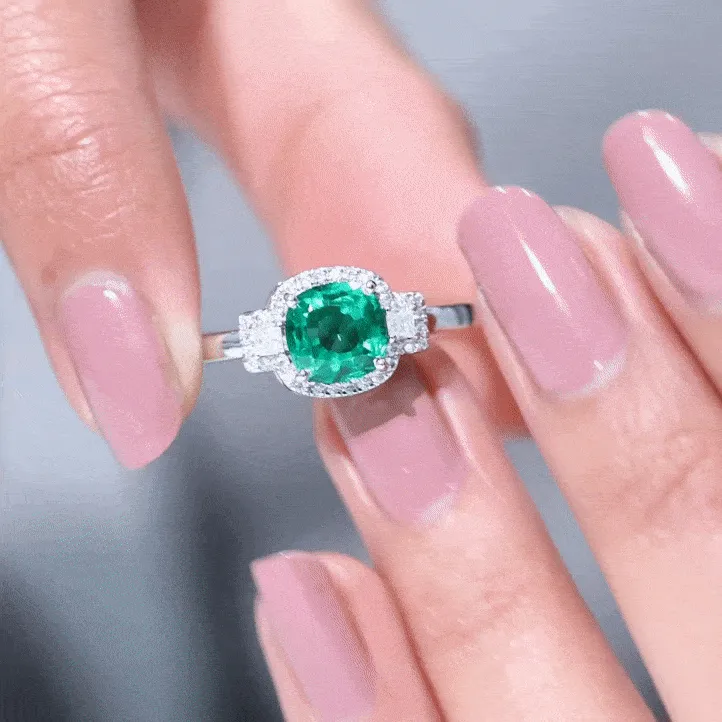 Cushion Cut Lab Grown Emerald Cocktail Engagement Ring with Diamond