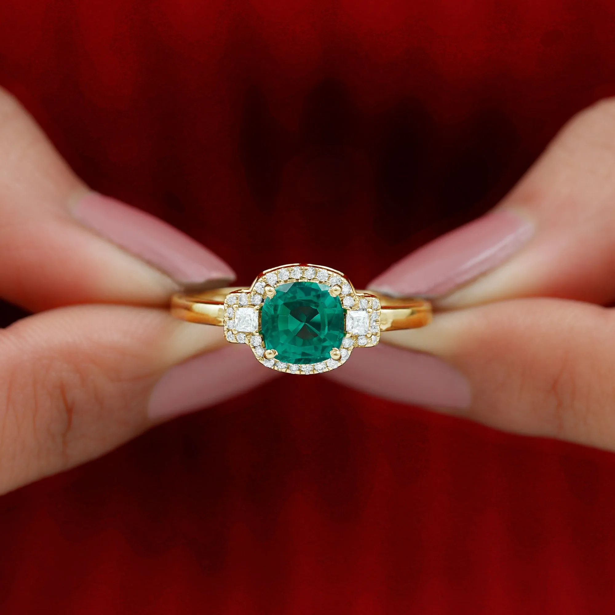 Cushion Cut Lab Grown Emerald Cocktail Engagement Ring with Diamond