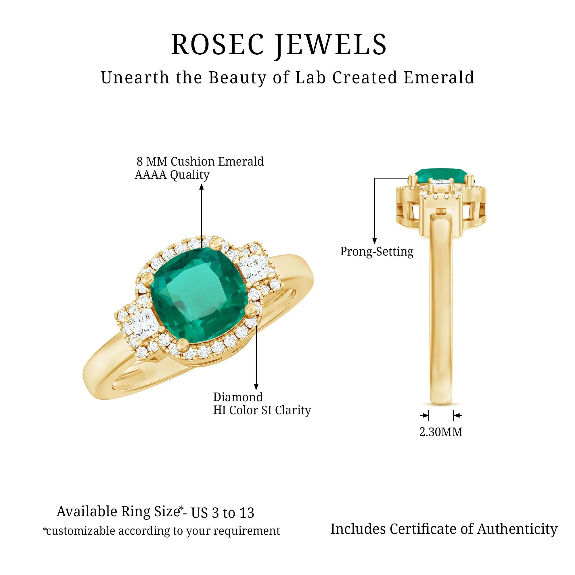 Cushion Cut Lab Grown Emerald Cocktail Engagement Ring with Diamond