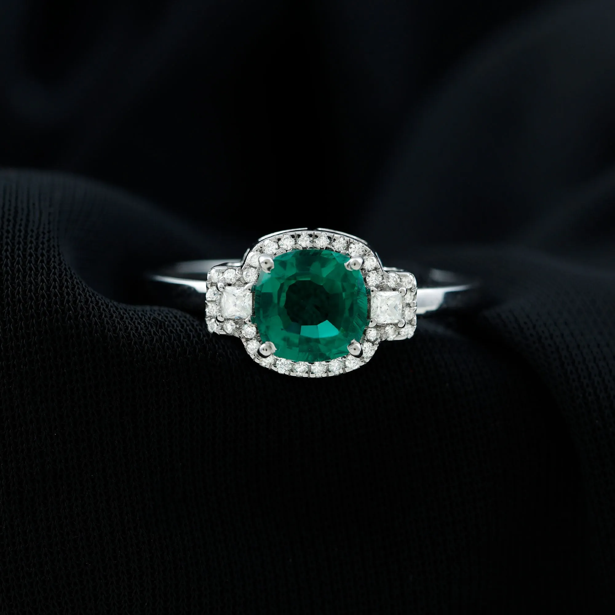 Cushion Cut Lab Grown Emerald Cocktail Engagement Ring with Diamond