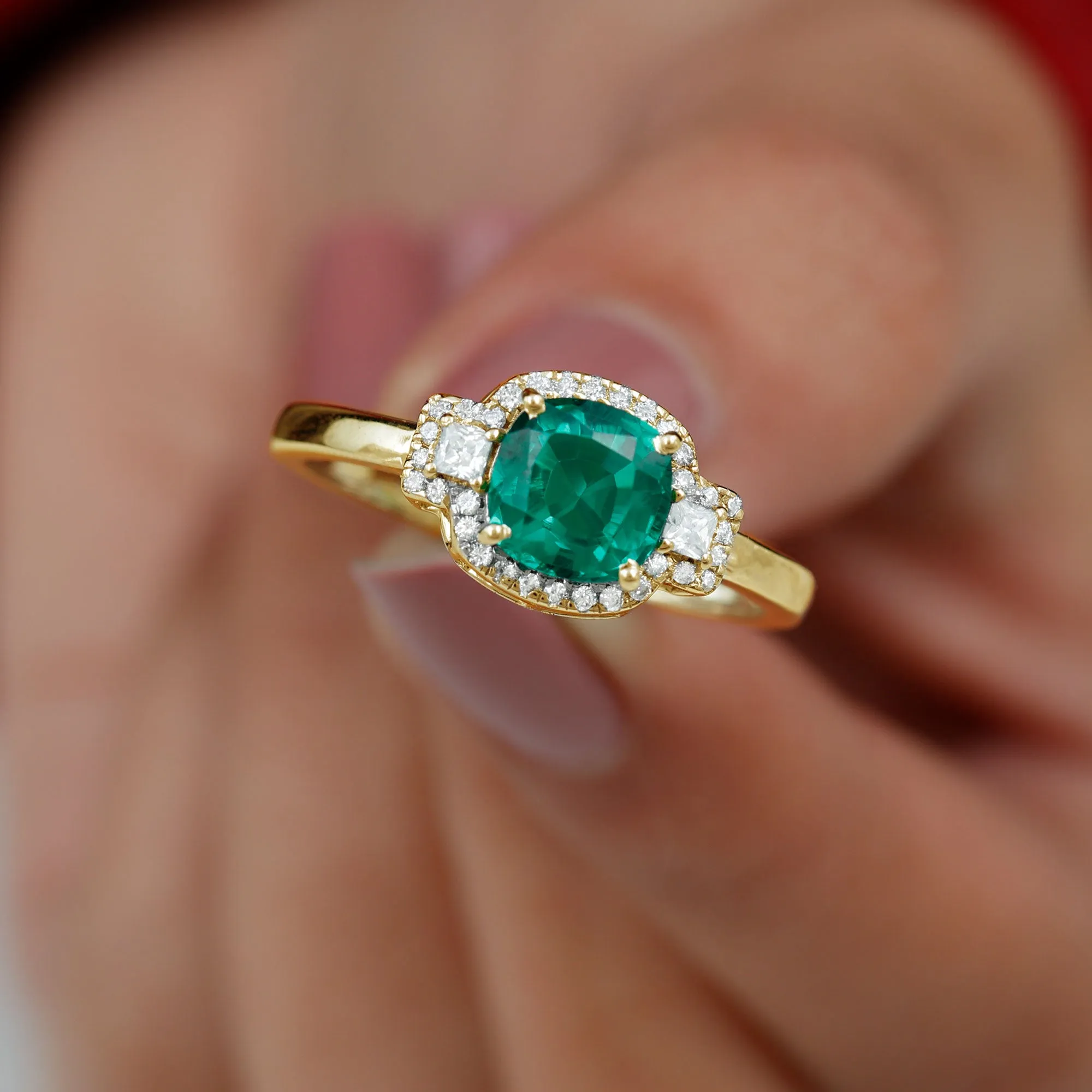 Cushion Cut Lab Grown Emerald Cocktail Engagement Ring with Diamond