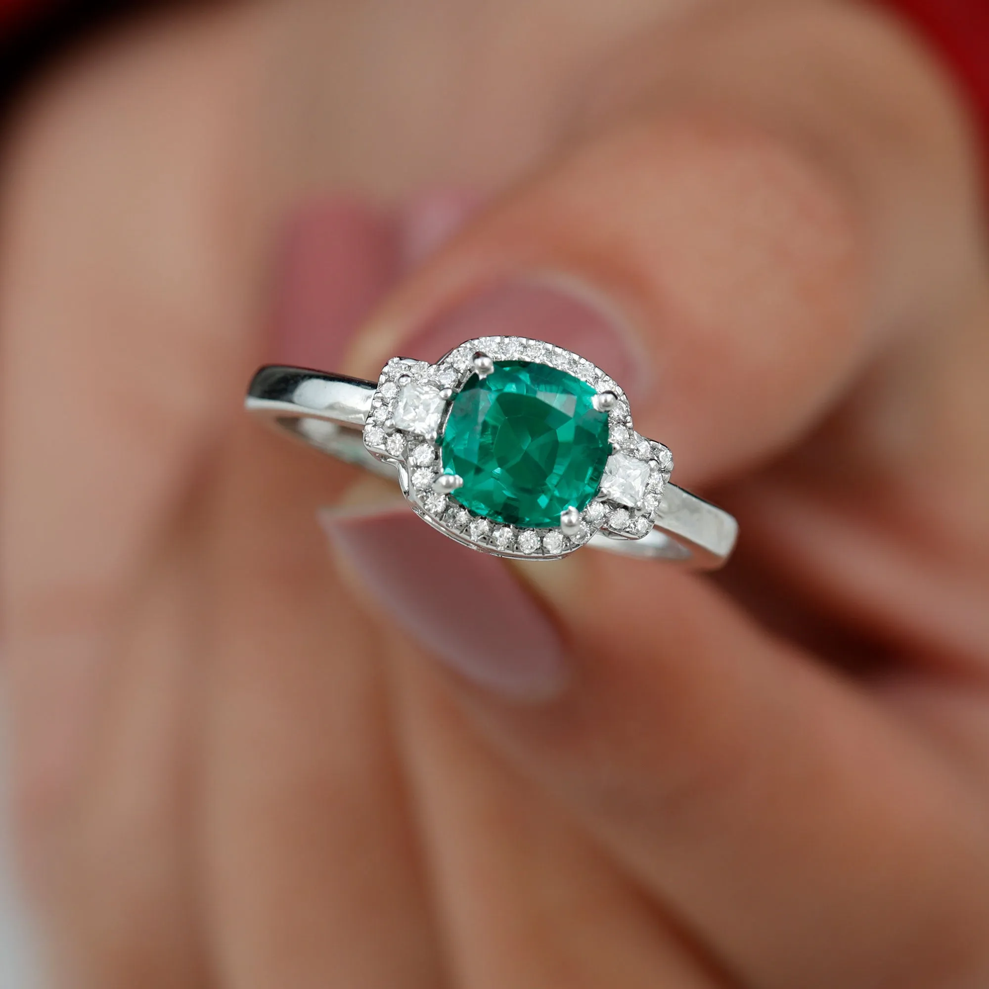 Cushion Cut Lab Grown Emerald Cocktail Engagement Ring with Diamond