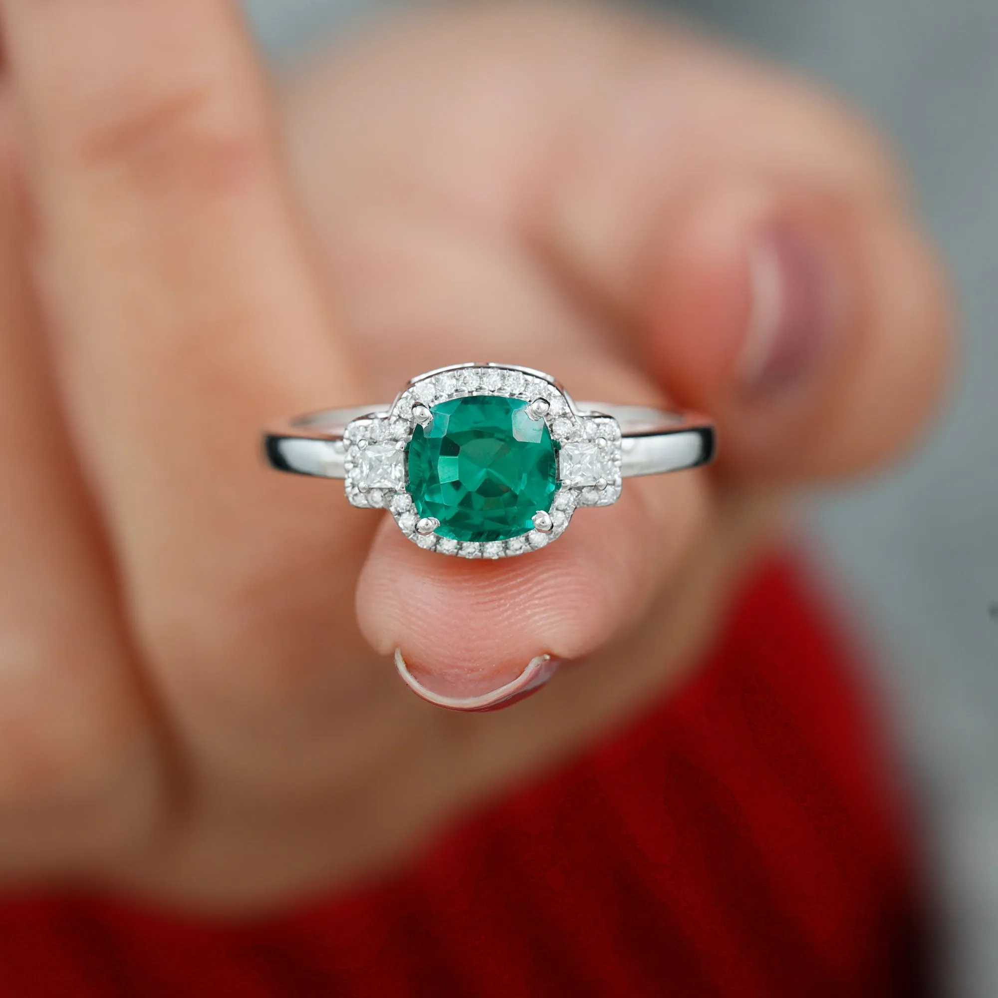 Cushion Cut Lab Grown Emerald Cocktail Engagement Ring with Diamond