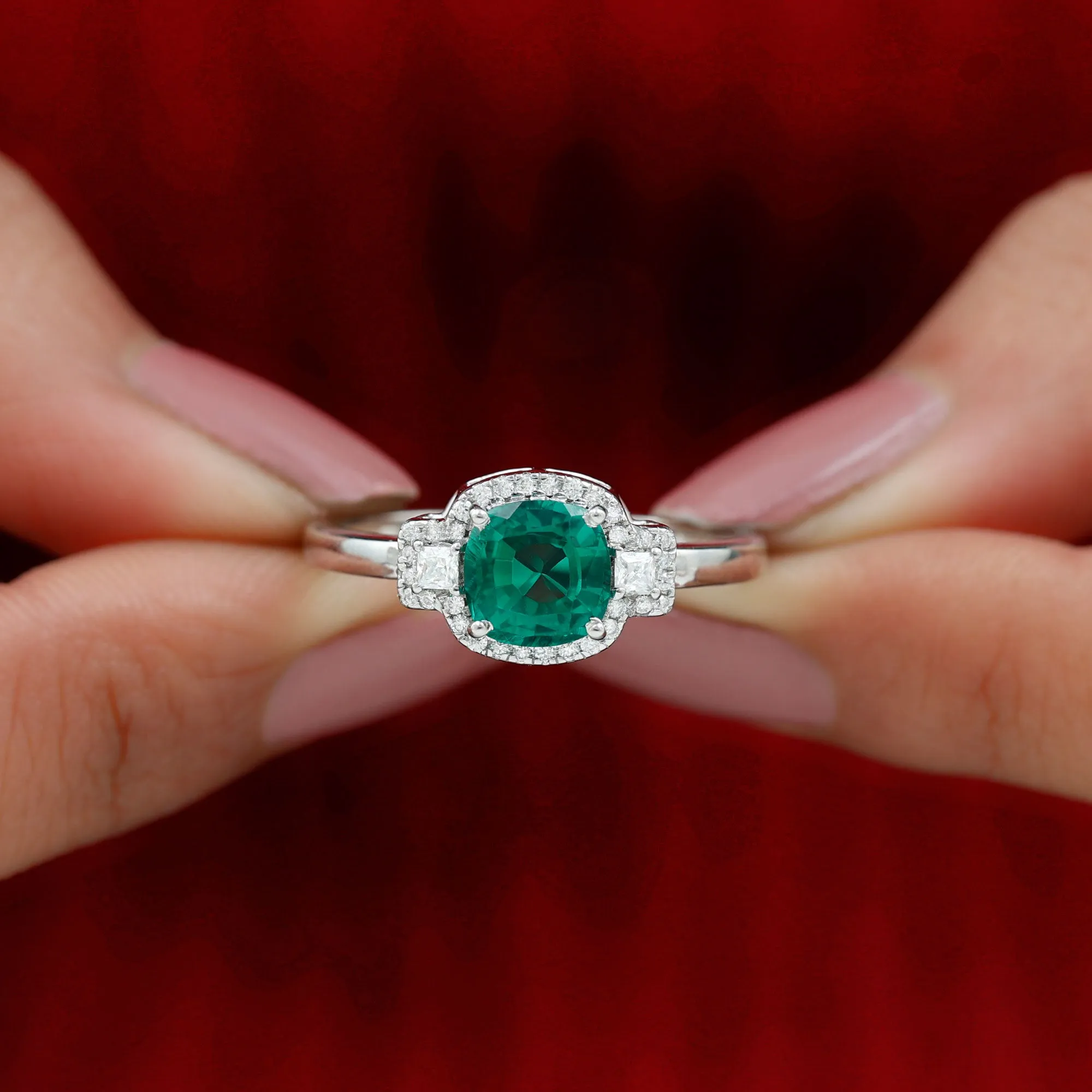 Cushion Cut Lab Grown Emerald Cocktail Engagement Ring with Diamond