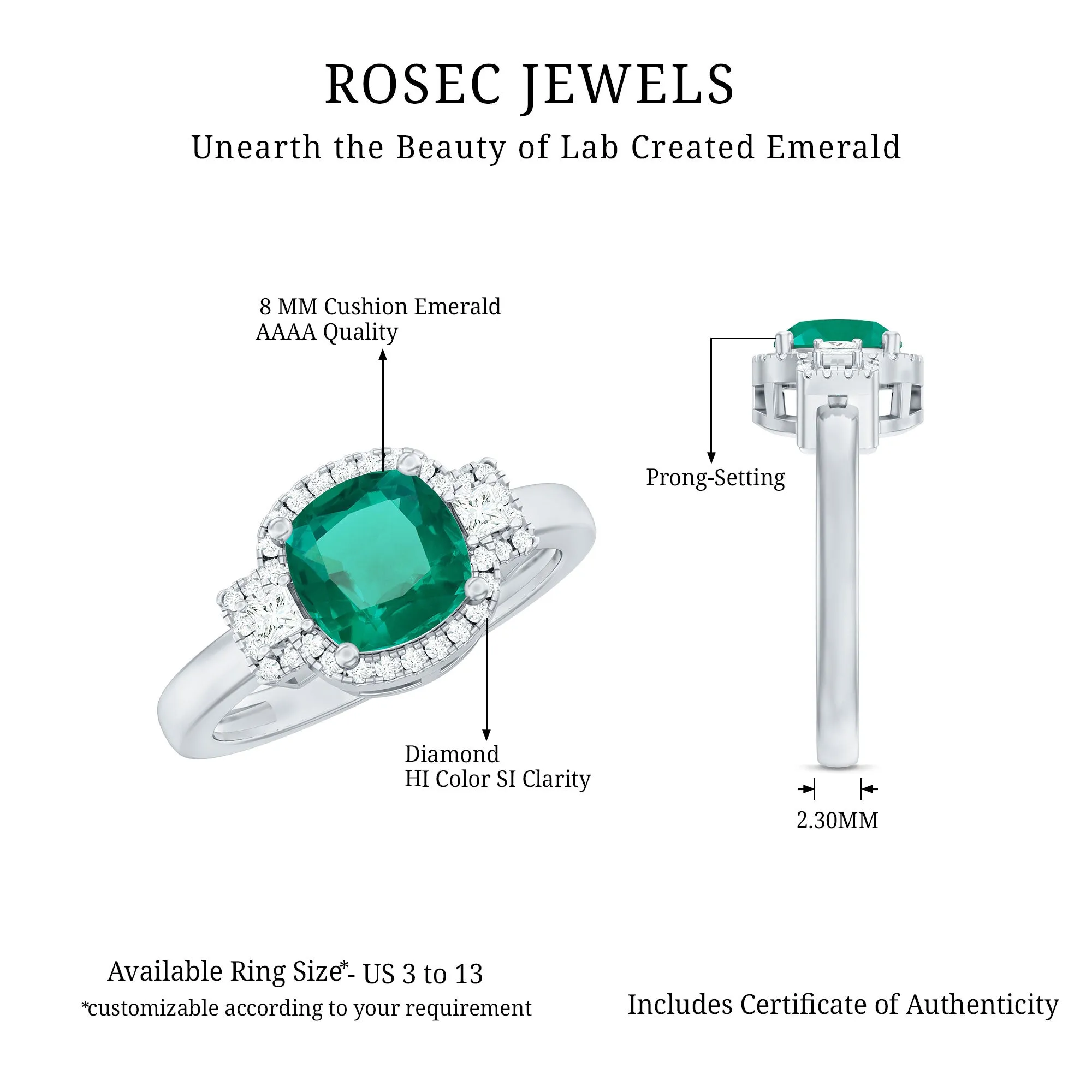 Cushion Cut Lab Grown Emerald Cocktail Engagement Ring with Diamond