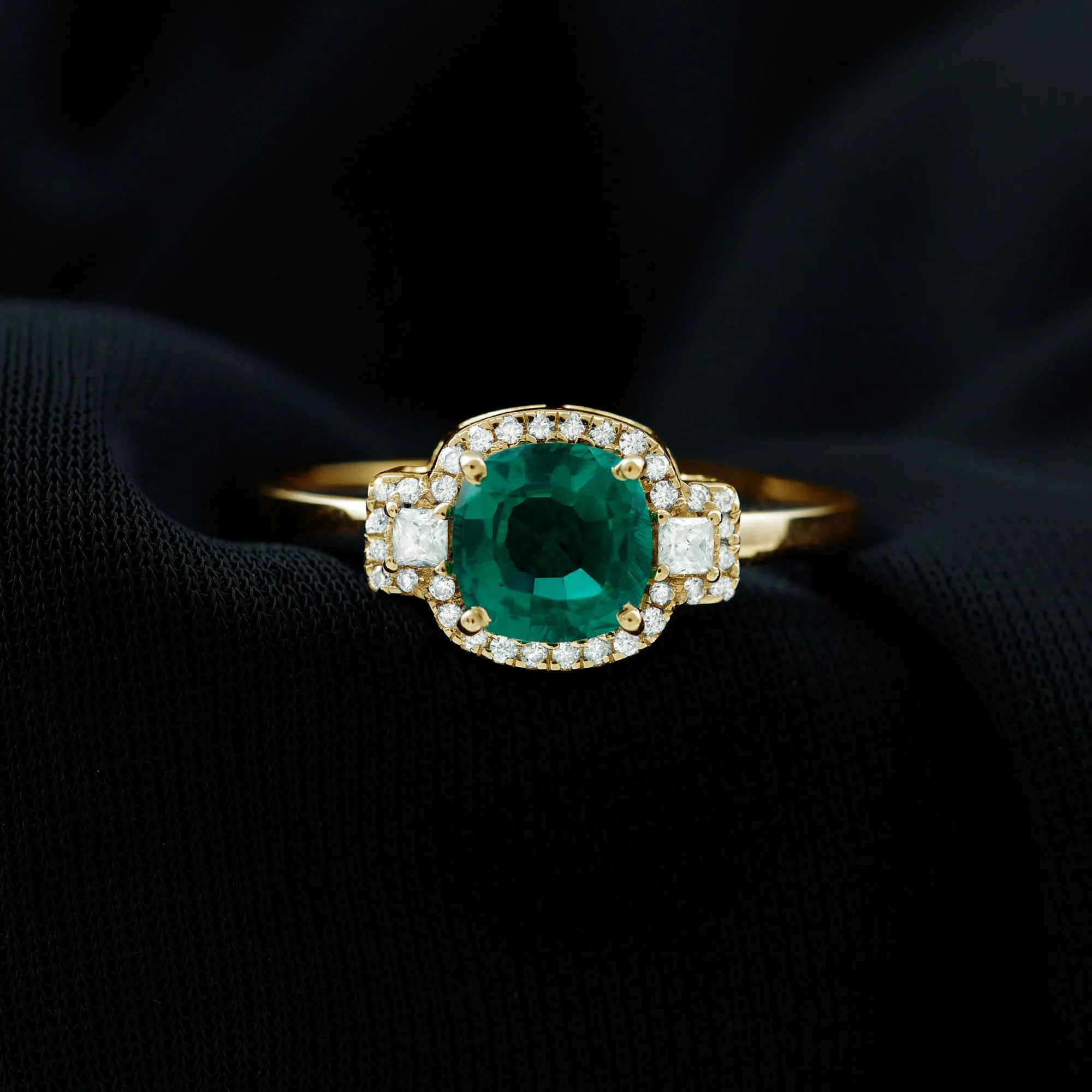 Cushion Cut Lab Grown Emerald Cocktail Engagement Ring with Diamond